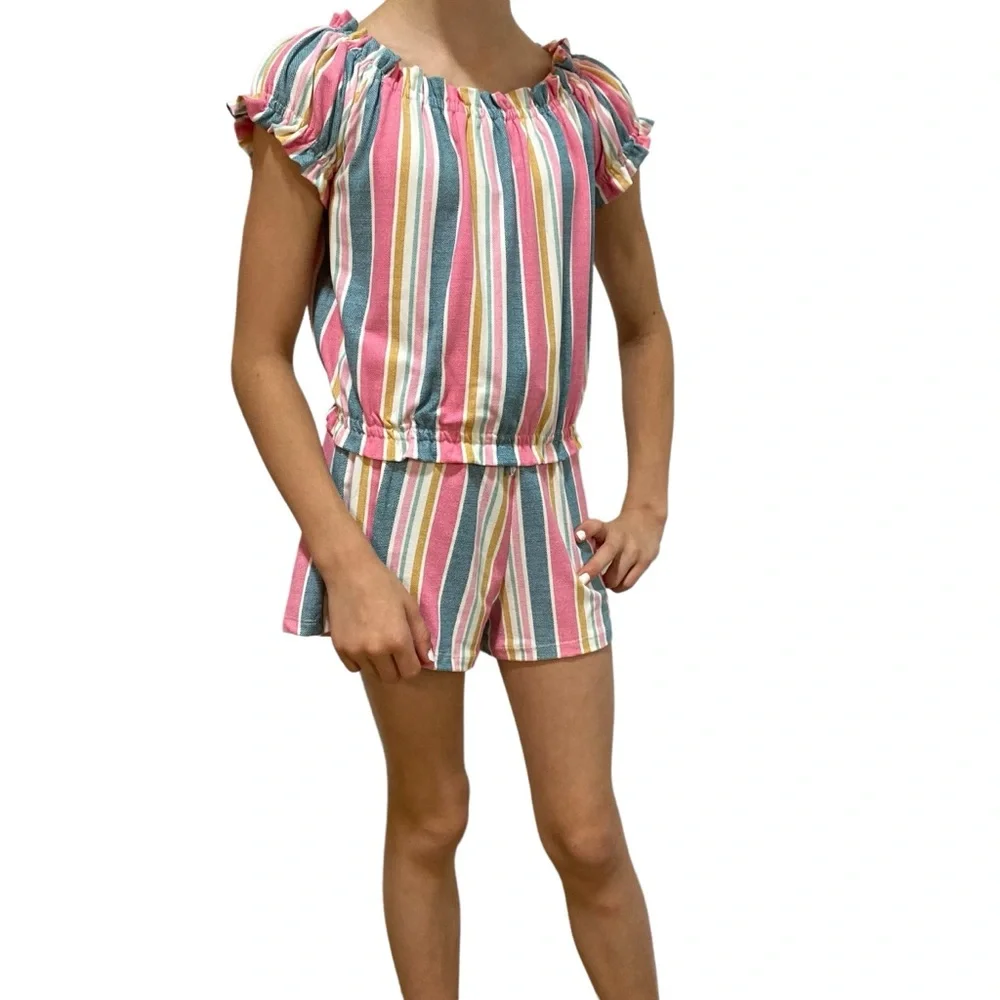 SHOSHO Top Shorts Set Size 10 Pink Stripes Comfortable Elastic Waist